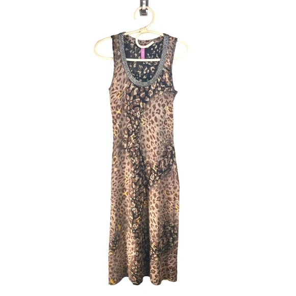 Charlotte Black Brown Gold Leopard Print Silver Embellished Neckline MIDI Dress - Picture 2 of 16